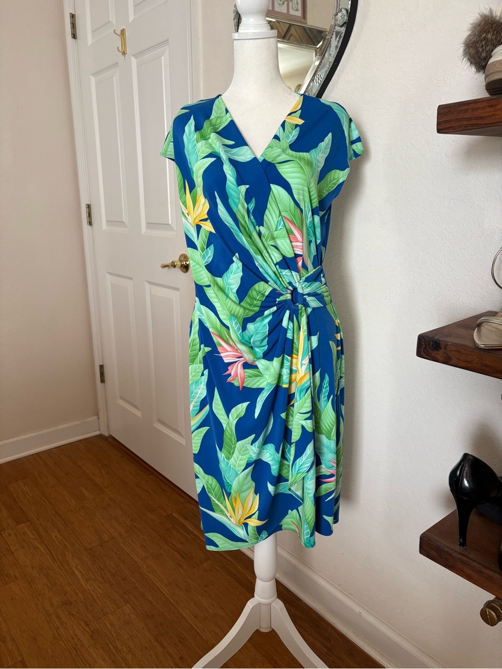 Tommy Bahama Blue Tropical Wrap-Style Midi Dress with Green Leaf Print